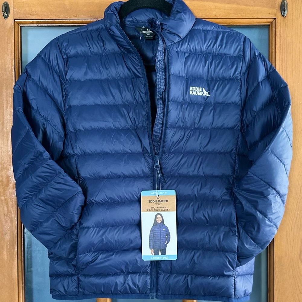 NEW Eddie Bauer Kids Youth 650 Down Packable Jacket Large (10/12) Navy Blue
